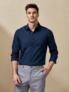 Dark Blue Shirt Outfit Men Casual, Collage Uniform, Dark Blue Shirt Outfit Men, Formal Blue Buttoned Shirt, Dark Blue Shirt Outfit, Classic Blue Formal Shirt, Blue Shirt Outfit Men, Casual Blue Shirt With Fold-down Collar, Tailored Blue Semi-formal Shirt