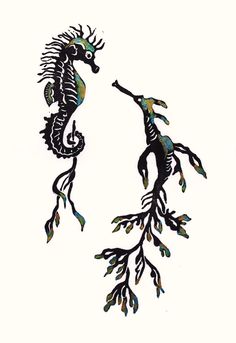 two seahorses that are standing next to each other on a white background with black and green accents