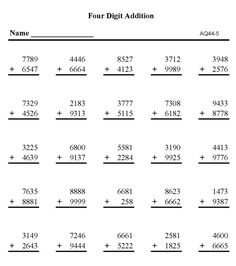 the four digit addition worksheet is shown in black and white, with numbers on it