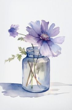 watercolor painting of purple flowers in a mason jar