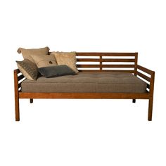 a wooden bench with two pillows on it