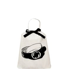 a white bag with a black bow on the front and an image of glasses in it