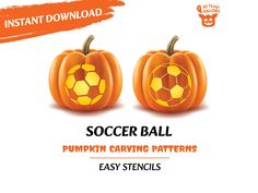 two pumpkins with soccer balls on them