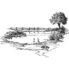 a black and white drawing of a bridge over a pond with ducks in it, surrounded by trees