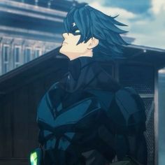 an anime character with blue hair standing in front of a building and looking off into the distance