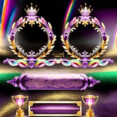 a set of three mirrors and two trophies on a purple background with rainbows in the background