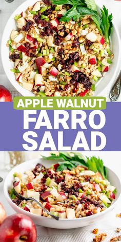 an apple walnut farro salad is served in a white bowl