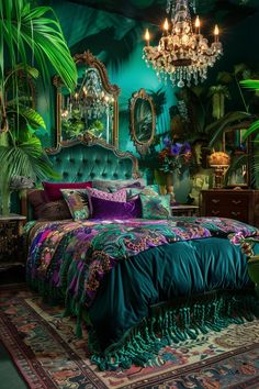 a bedroom with green walls and lots of plants on the bed, chandelier