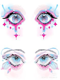 three different images of an eye with pink and blue accents on it, including the iris