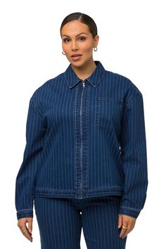 Jackenart: Blouson; Fütterung: Leicht gefüttert; Material: Baumwolle; Muster: Nadelstreifen; Passform: Normale Passform Trendy Prints, Jean Jacket, Blue Denim, Zip Ups, Dark Blue, Zipper, Blue