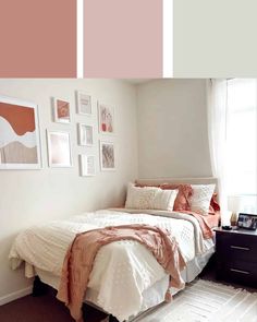 a bedroom with pink and white walls, pictures on the wall, and a bed