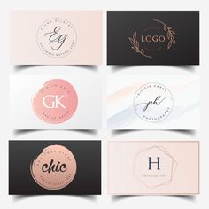 six business cards with the letter gk in gold, white and pink colors on them