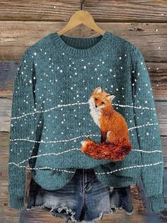 Lilicloth.com offers stylish and concessional Sweaters.. SPU: 1W61CSWAI59F8, Color: As Picture, Elasticity:Micro-Elasticity, Neckline:Crew Neck. Snow Embroidery, Fox In The Snow, Cozy Knit Sweater, Fox Print, Grey Knit Sweater, Cute Fox, Cozy Knit, Winter Knits, Cozy Knits