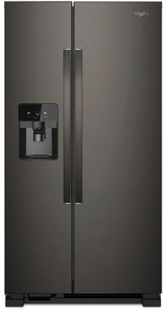 the side by side refrigerator is black and stainless steel