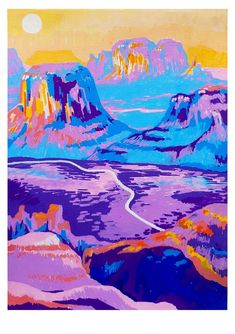 an abstract painting of mountains and water in purple, pink, yellow and orange colors