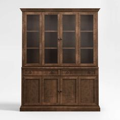 a large wooden cabinet with glass doors and drawers on one side, in front of a white background