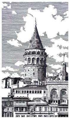 an ink drawing of a building with a clock tower in the center and clouds above it