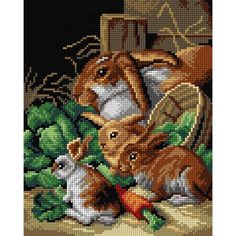 the cross stitch pattern shows two rabbits playing with each other in front of a basket