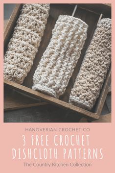 three crochet dishcloths in a wooden box with text overlay reading 3 free crochet dishcloth patterns the country kitchen collection