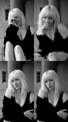 black and white photos of a woman with long blonde hair, posing for the camera