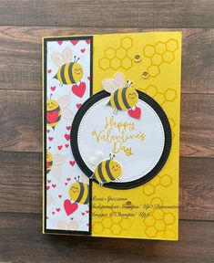 a yellow and white card with a bee on it, says happy valentine's day