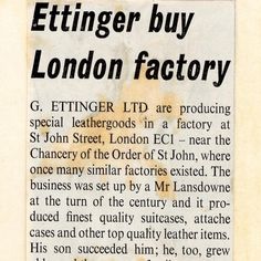 an old newspaper clipping with the caption that reads, effinnger buy london factory