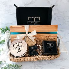 a gift basket with personalized items in it