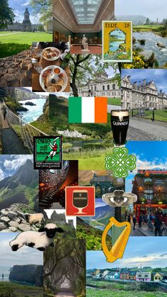 the collage has many different pictures and words on it, including irish symbols such as shamrocks