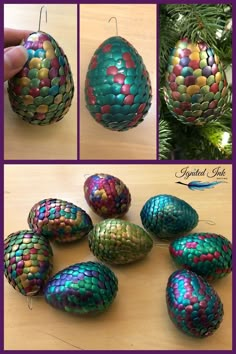 several pictures of different colored eggs on a table