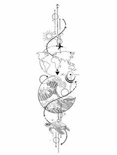 a black and white drawing of the world hanging from a pole with arrows on it