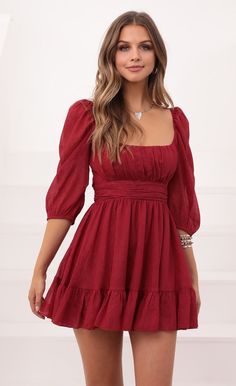 Ruffle Dress in Burgundy | LUCY IN THE SKY Red Dress Outfit, Grad Dresses, Hoco Dresses, Dresses For Teens, Outfit Casual, Dance Dresses, Long Sleeve Mini Dress, Sweet 16, Ruffle Dress