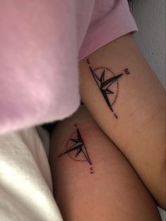 two tattoos on the legs of people with compasss and numbers tattooed on their thighs