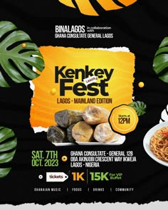 an advertisement for the kensey fest with food and drinks in front of tropical leaves