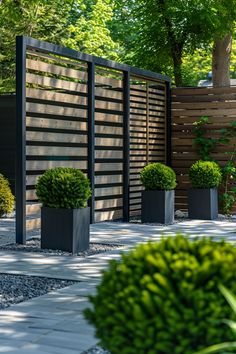 Modern garden with tall wooden privacy screens and neatly trimmed shrubs in square black planters, surrounded by lush greenery and paved walkways. Privacy Screen Porch Ideas, Privacy Wall Front Of House, Non Fence Privacy Ideas, Privacy Screen Backyard, Front Yard Privacy Screen, Yard Screening Ideas, Diy Backyard Privacy Screen, Diy Pool Privacy Ideas