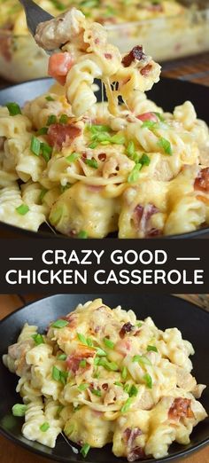 two pictures showing different types of pasta in black bowls and one with chicken, cheese and green onions