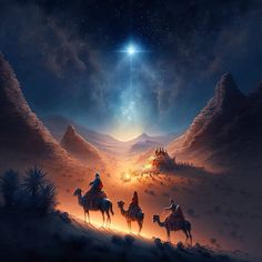 three people riding camels across a desert under a star filled sky with the birth of jesus