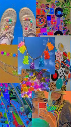 a collage of images with shoes and beads on them, including a woman's feet