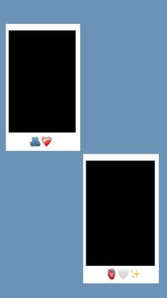 two square frames with hearts and stars on them against a light blue background, one has an apple in the middle