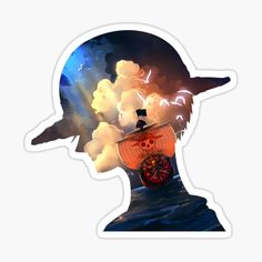 a person's head with an image of a pirate ship in the sky above it