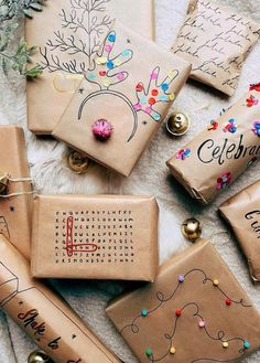 several wrapped presents are sitting on the floor