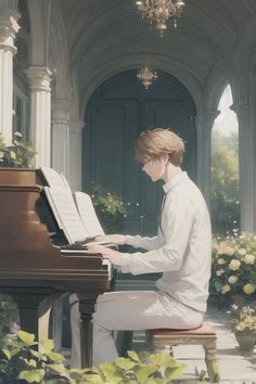 a man sitting at a piano in front of flowers