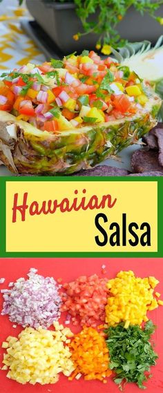 the ingredients for hawaiian salsa are shown in this collage