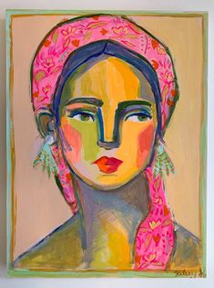 a painting of a woman wearing a pink headdress with earrings on her ear