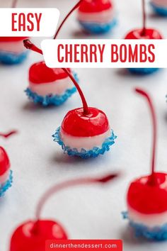 Cherry Bombs are the perfect boozy party treat made with maraschino cherries soaked in vodka and dipped in white chocolate. Fourth Of July Cherries, 4th Of July Cherries, Rummy Bears, Alcohol Treats, Midsummer Eve, Patriotic Food, Patriotic Desserts, Boozy Desserts, Lake Days