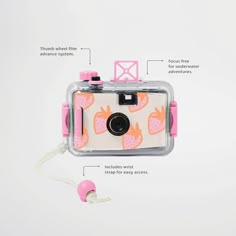 an image of a pink camera with instructions on how to use the strap for action cameras