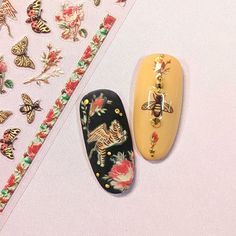 Decorate your nails with lovely red roses and buzzing bees! Designs include garden roses, rose buds, bees, butterflies, moths and tigers with wings. This sticker is perfect for creating floral nails and fashion house inspired nail designs. These premium 3D nail art stickers have a raised texture with some thickness to give your nail design an embossed look. They're made with flexible adhesive material that can bend to fit your natural nail curves. Sheet Size: 8 x 10.5cmApplication:Use tweezers t Floral Sticker Nails, Nails With Gold Stickers, Nail Sticker Ideas, Embossed Nails, Embossed Nail Art, Bee Nails, Gucci Nails, Nail Beds, Creativity Inspiration