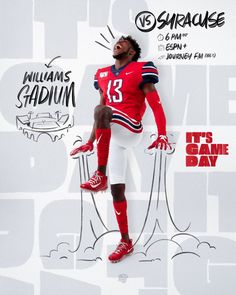 a man in a football uniform standing on top of a white wall with the words,'it's game day '