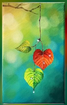 a painting of two hearts hanging from a tree branch