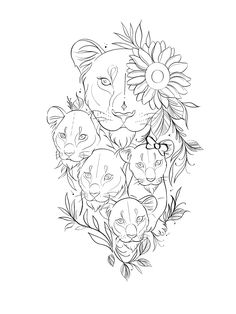 the lion family with flowers and leaves on their head, drawn in black ink by hand