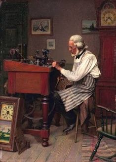 an old man sitting at a sewing machine